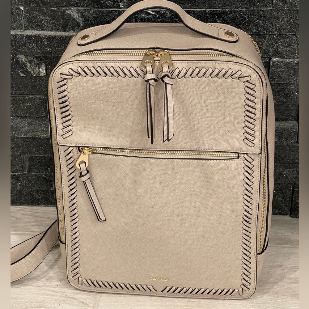 CalPak Kaya 15 in Laptop Bag Gold Zippers Beige Business Travel Stylish Look